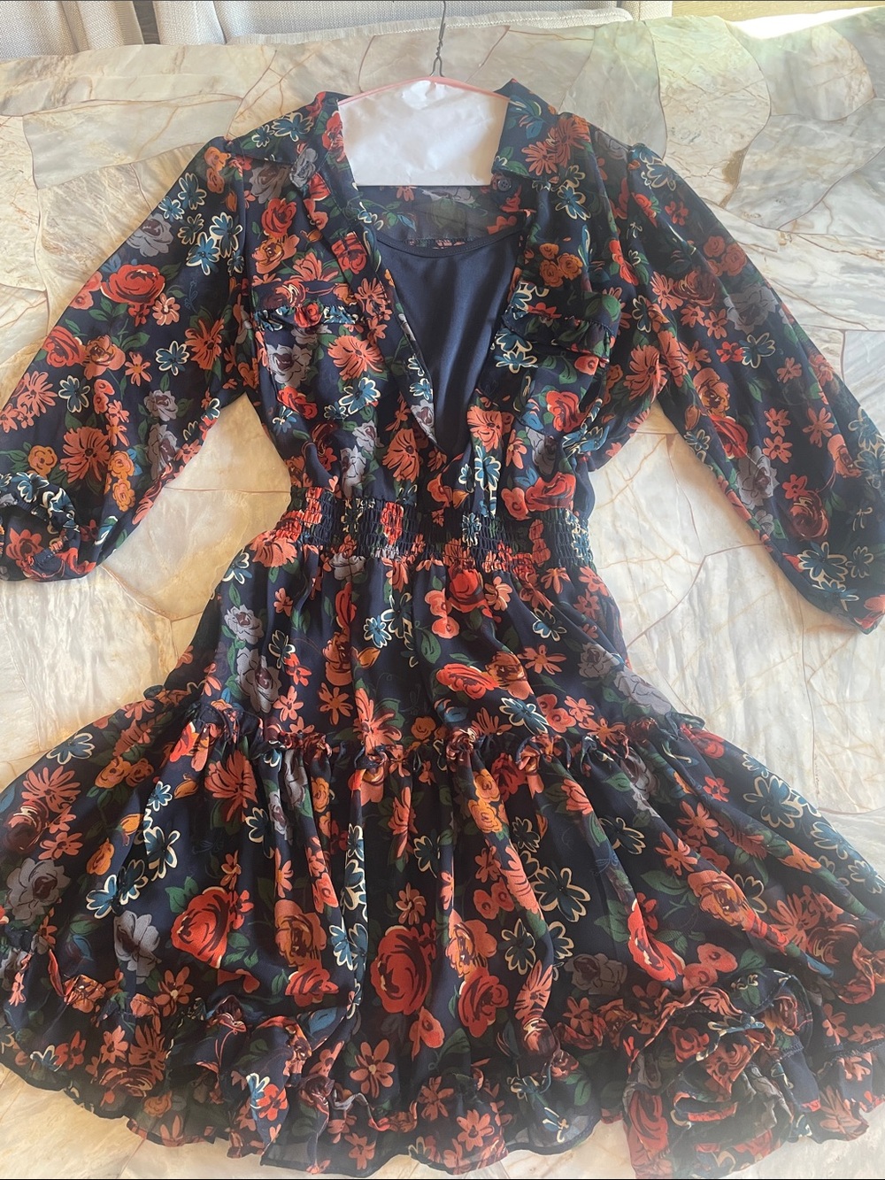 City Studio Black Floral Tiered Ruffle Dress with Red & Orange Blooms